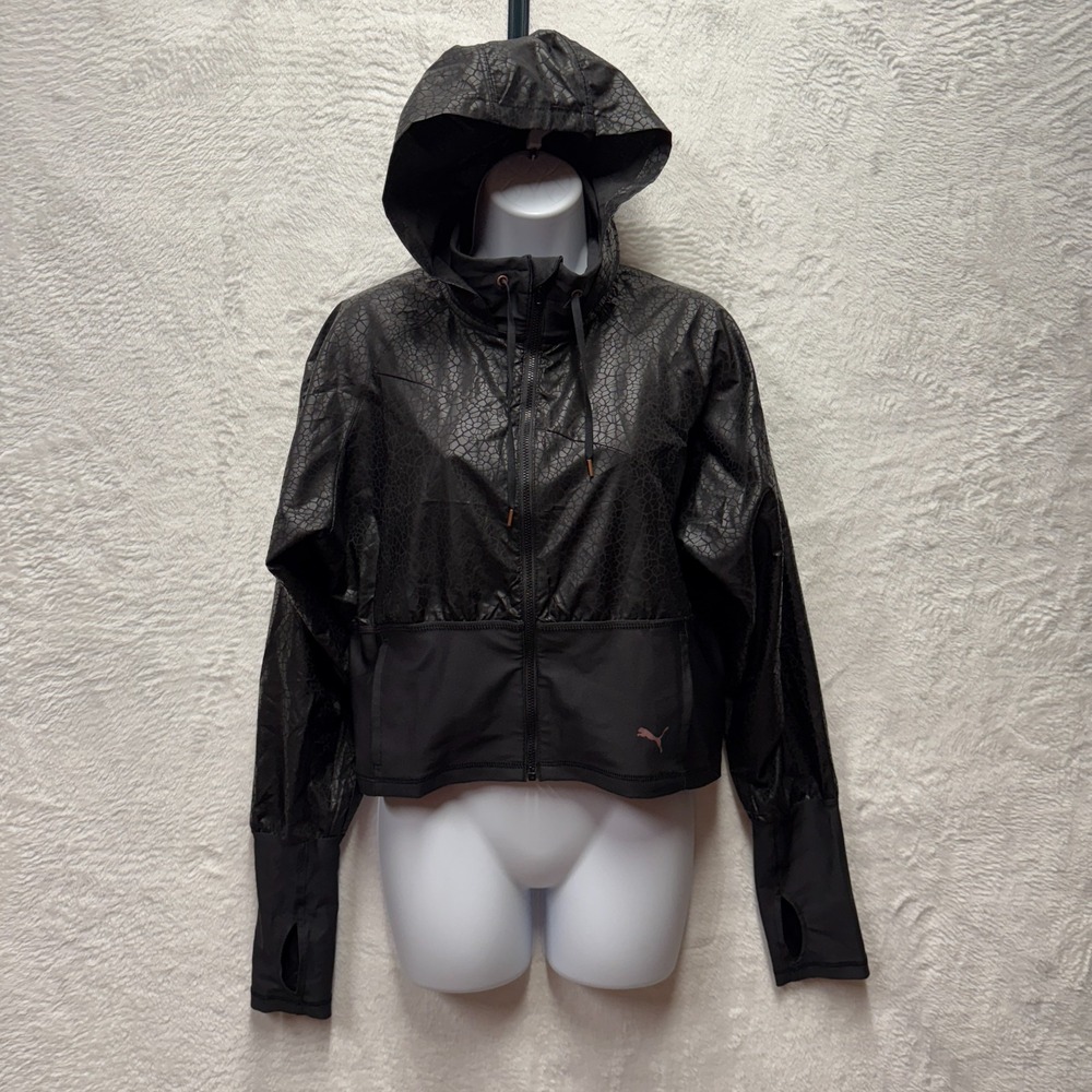 PUMA Ultra Woven Crop Training Jacket Womens Medium Black Short Gym Sporty Sexy